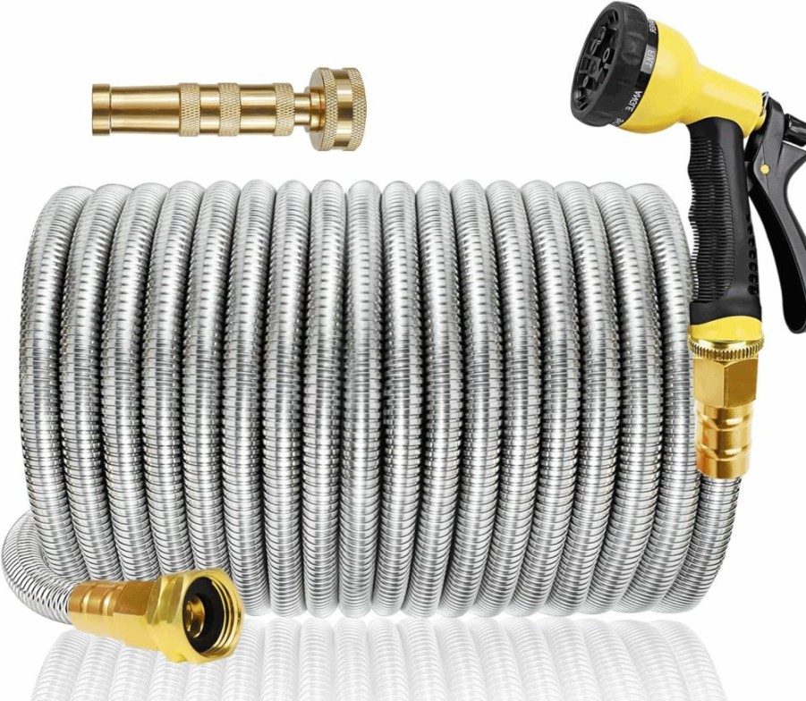 Setuoak | Metal Garden Hose 304 Stainless Steel Water Hose Heavy Duty Water Hose With Metal Nozzle & 8 Function Sprayer, Portable & Lightweight Kink Free Yard Hose, Outdoor 100Ft Hose