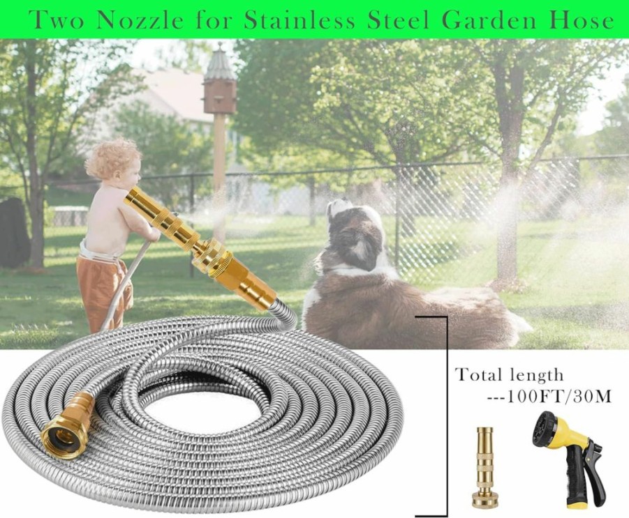 Setuoak | Metal Garden Hose 304 Stainless Steel Water Hose Heavy Duty Water Hose With Metal Nozzle & 8 Function Sprayer, Portable & Lightweight Kink Free Yard Hose, Outdoor 100Ft Hose