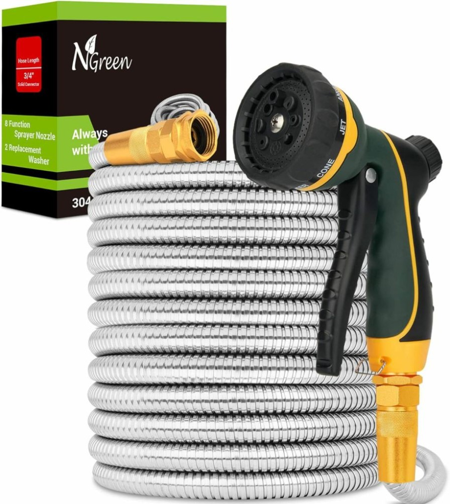 NGreen | Ngreen Stainless Steel Garden Hose - Flexible Metal Water Hose With Nozzle, Puncture, Rust Proof And Corrosion Resistant, Never Kink And High Pressure, Collapsible And Easy To Store (25Ft)