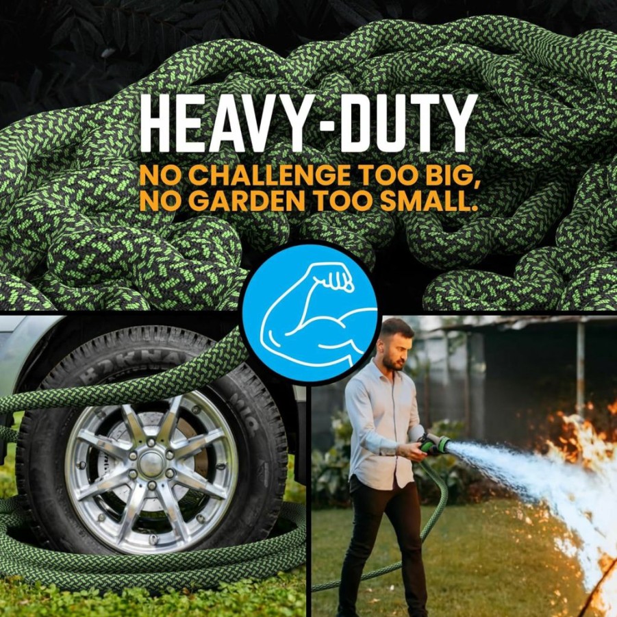 POWERFLOW | Powerflow Garden Hose, Premium Heavy Duty Non-Expandable, Stainless Steel Metal Water Hose With Durable Fabric Skin, Hose For Commercial, Residential Use, Bonus 10-Way Spray Nozzle (50 Ft, Black)