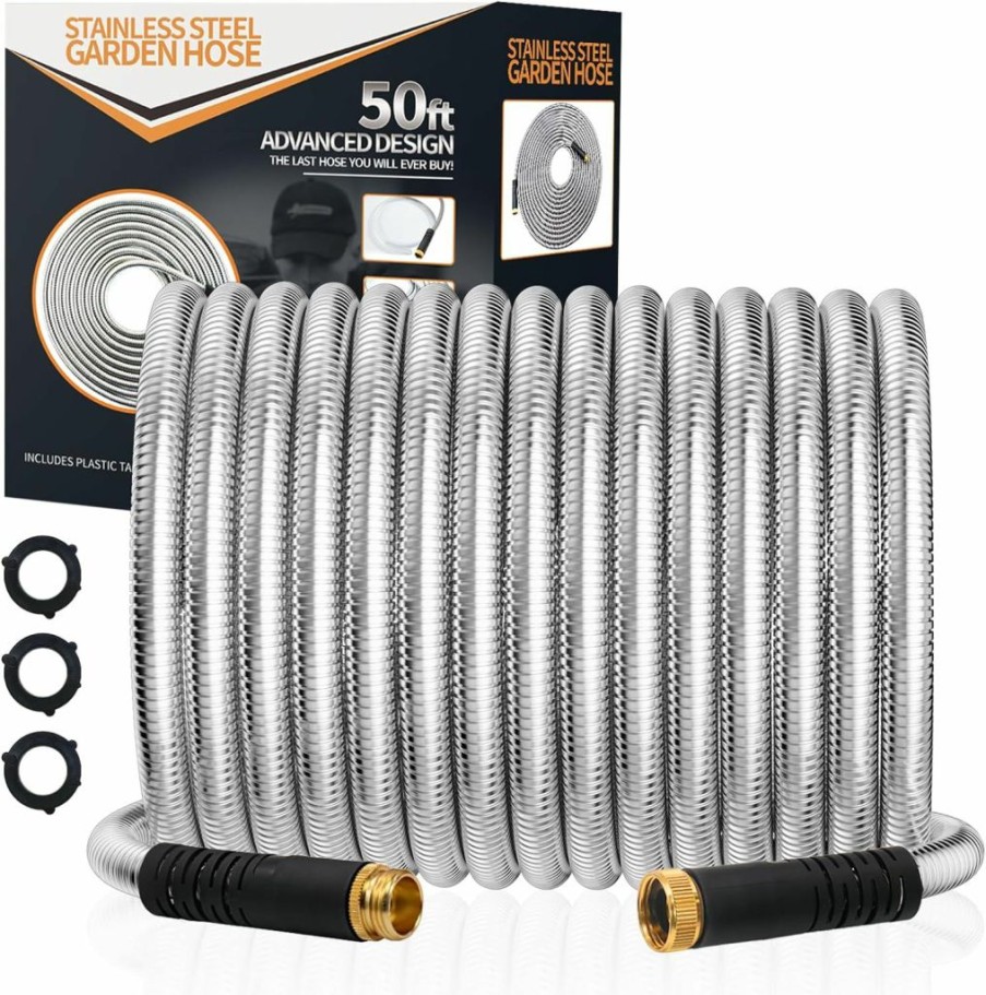 Aokia | Aokia Metal Garden Hose - 50 Ft Stainless Steel Water Hose With Flexible, Kink Free, Ultra Lightweight, Durable, Crush Resistant Fitting, Easy To Coil, Puncture Proof Hose For Yard, Outdoors, Rv