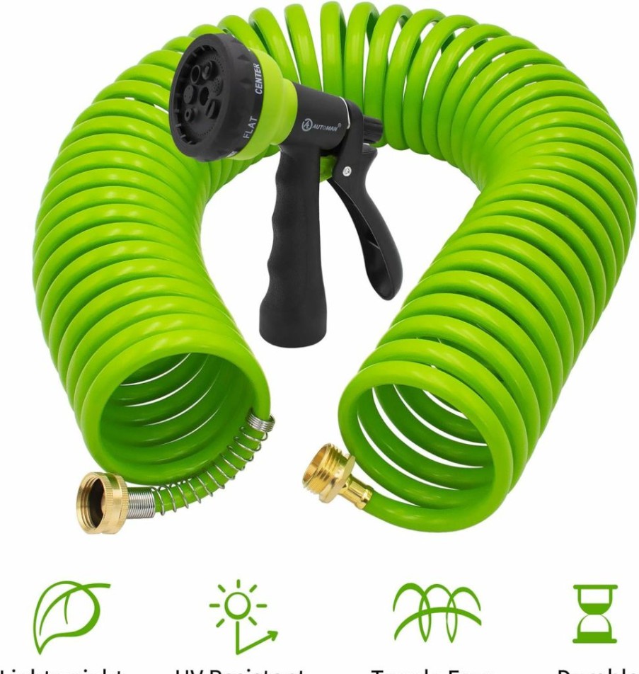 AUTOMAN | Automan-Garden-Water-Hose-Recoil,50 Feet Eva Curly Water Hose With Brass Connectors,Watering Hose Coil,Includes 7-Pattern Function Sprayer,Retractable,Corrosion Resistant Garden Coil Hose.