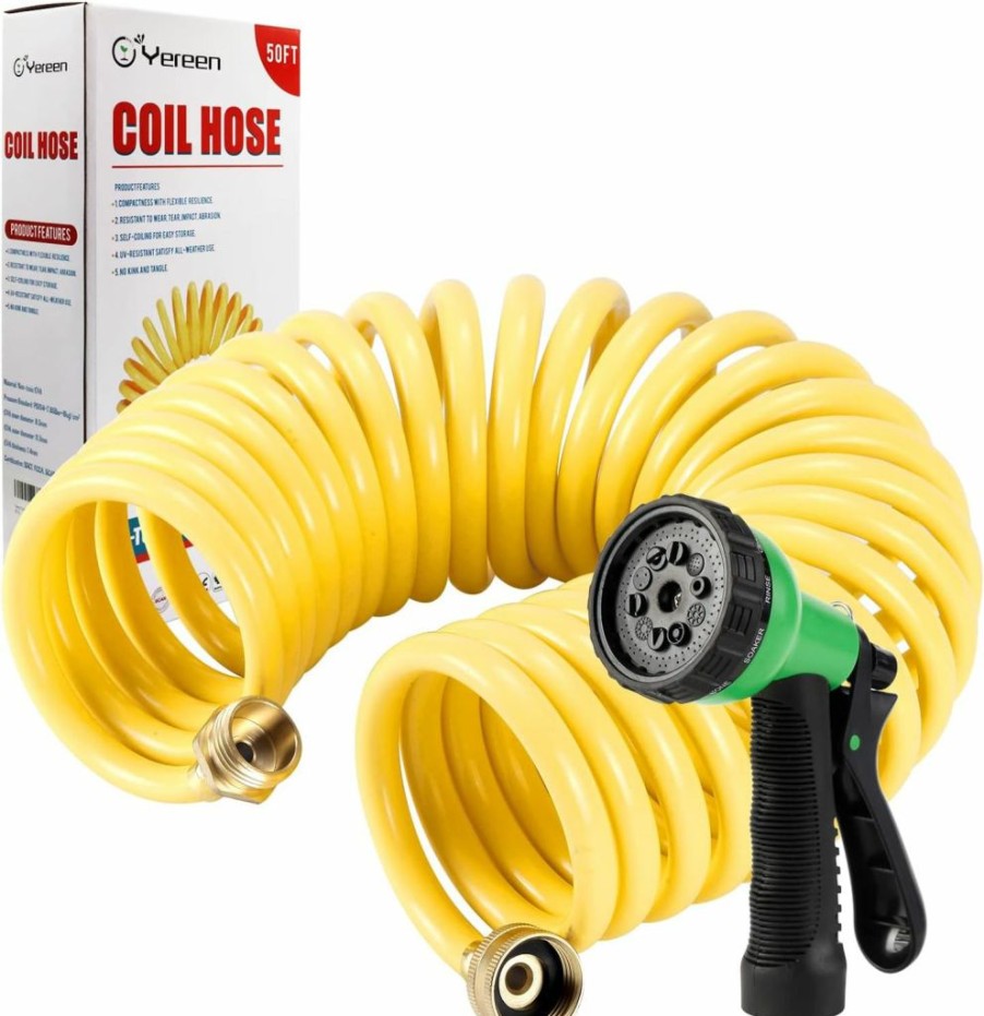 Yereen | Yereen Coil Garden Hose 25Ft, Eva Recoil Garden Hose, Self-Coiling Water Hose With 3/4\" Connector Fittings With 8 Function Spray Nozzle, Creamy Yellow