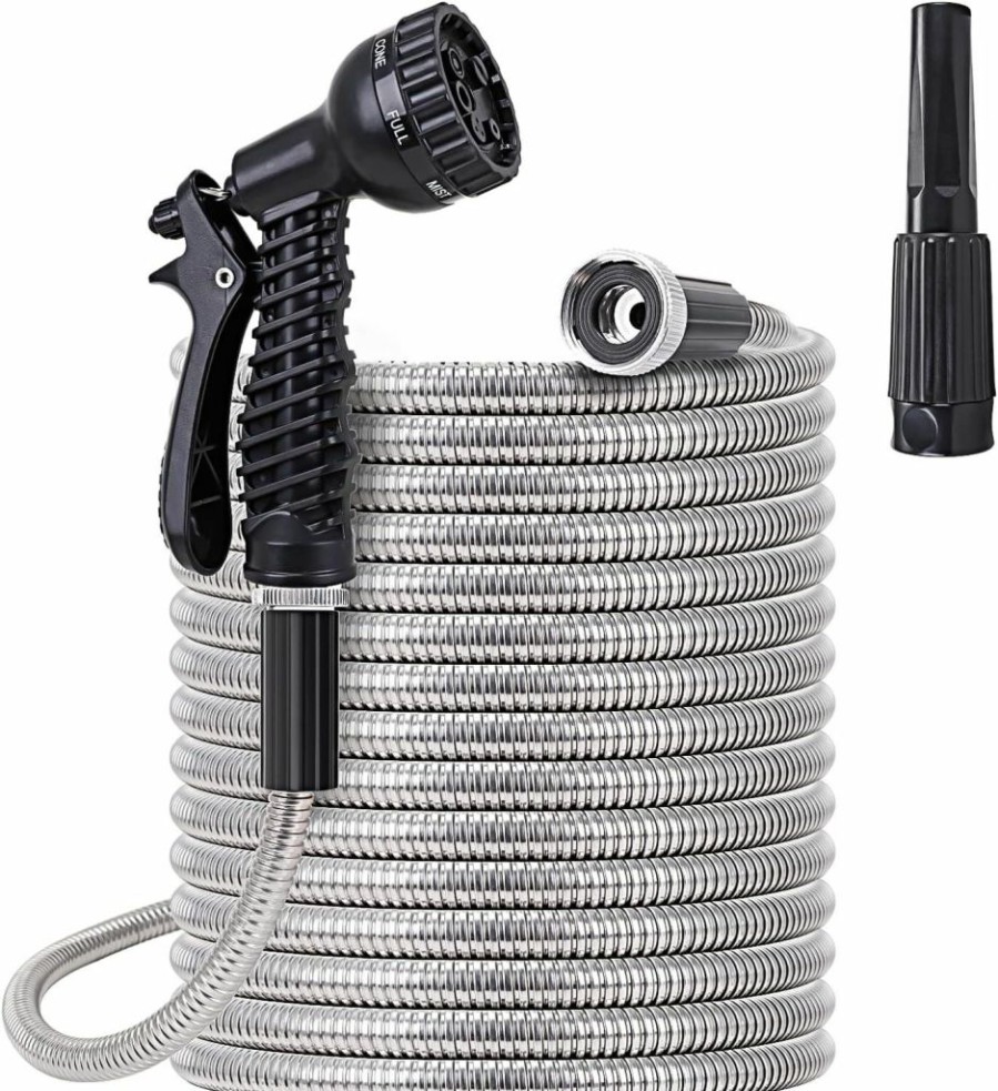 FOXEASE | Foxease Metal Garden Hose 50 Ft - Stainless Steel Water Hose With 2 Nozzles, Lightweight, Tangle Free & Kink Free, Heavy Duty, High Pressure, Flexible, Dog Proof