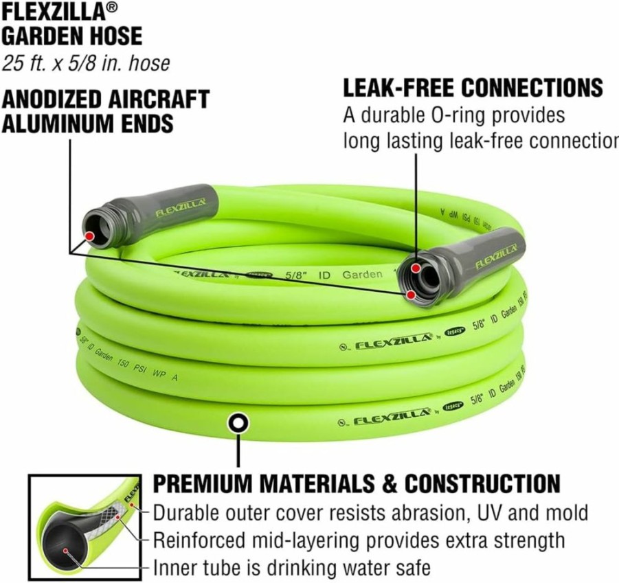 Flexzilla | Flexzilla Garden Hose 5/8 In. X 25 Ft, Heavy Duty, Lightweight, Drinking Water Safe, Zillagreen - Hfzg525Yw-E