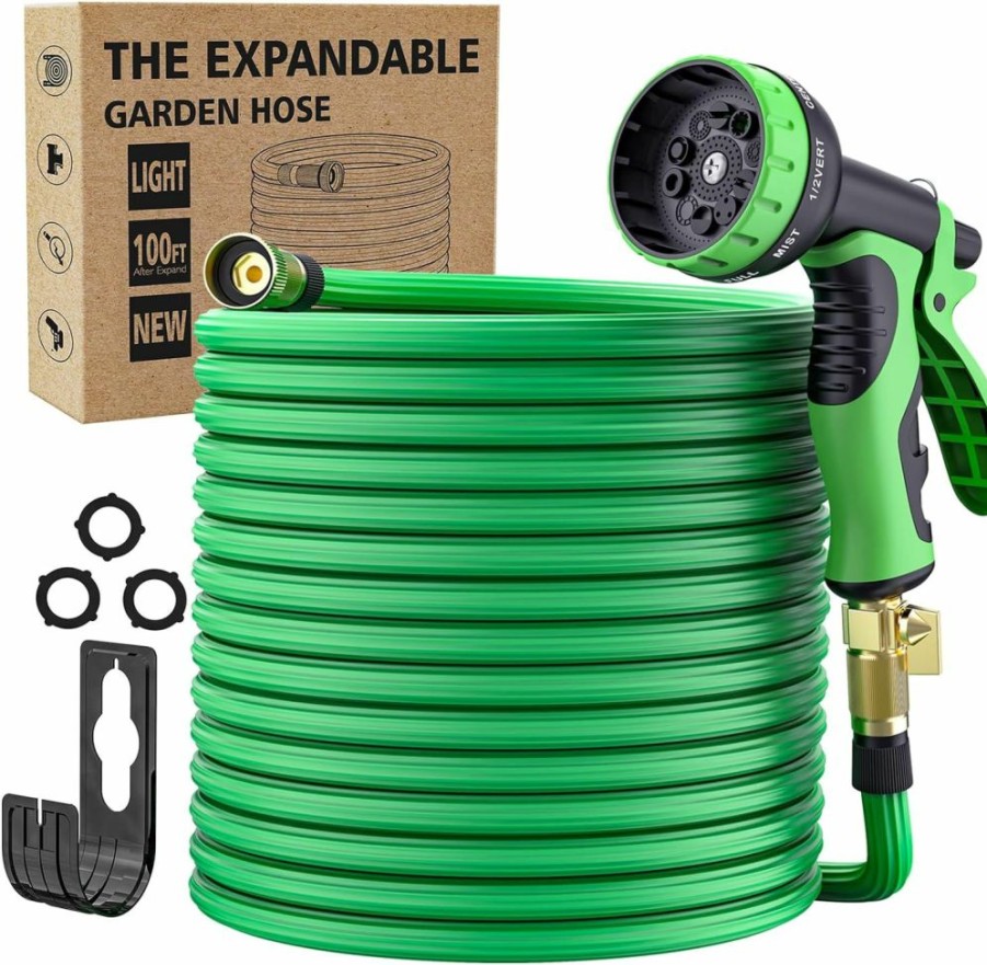 JCHORNOR | 50Ft Expandable Garden Hose With Holder, 2024 Lightweight Water Hose With 10-Function Spray Nozzle, Leak-Proof Multi-Layer Water Hose With 3/4\" Solid Brass Connectors Fittings, No-Kink-Black