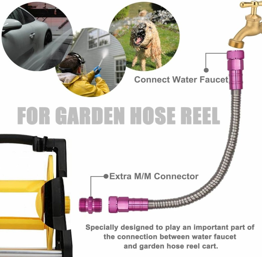 Yanwoo | Yanwoo 304 Stainless Steel 5 Feet Female To Female Garden Hose With Pink Male To Male Connector For Garden Hose Reel Cart (5Ft)