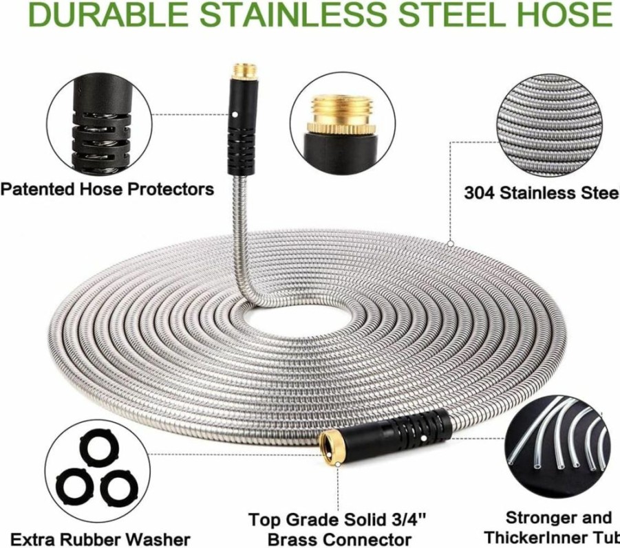 DayisTools | Dayistools Stainless Steel Garden Hose 25 Feet, Strong Flexible Metal Water Hose 25Ft With 3/4'' Crush Resistant Solid Brass Fitting, No Kink, Lightweight, Durable, Easy To Use