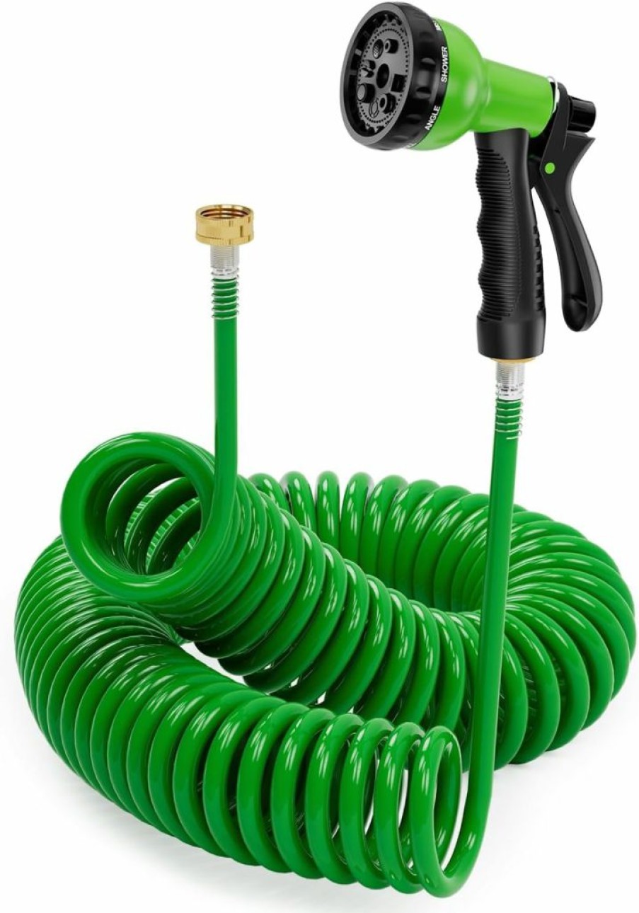 SPECILITE | Specilite Polyurethane Coil Garden Hose 50Ft, Pu Curly Coiled Water Hose With 8-Pattern Spray Nozzle, Retractable, Lightweight Recoil Hose No Kink For Boat, Greenhouse, Yard, Patio