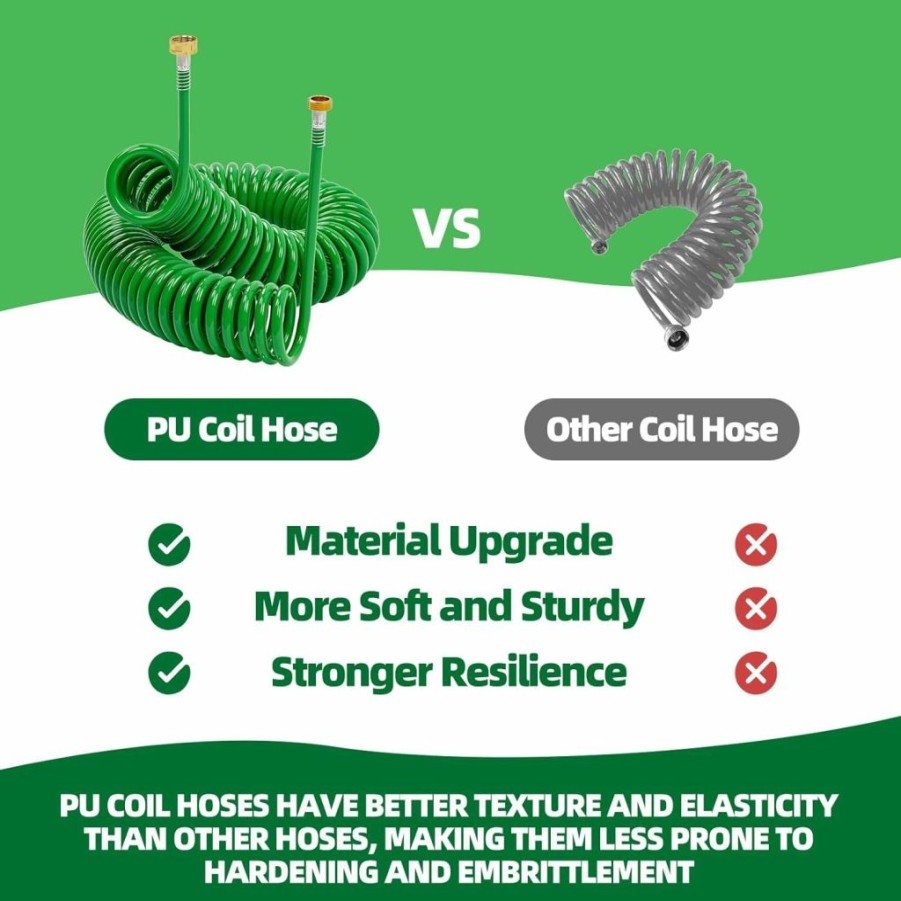 SPECILITE | Specilite Polyurethane Coil Garden Hose 50Ft, Pu Curly Coiled Water Hose With 8-Pattern Spray Nozzle, Retractable, Lightweight Recoil Hose No Kink For Boat, Greenhouse, Yard, Patio