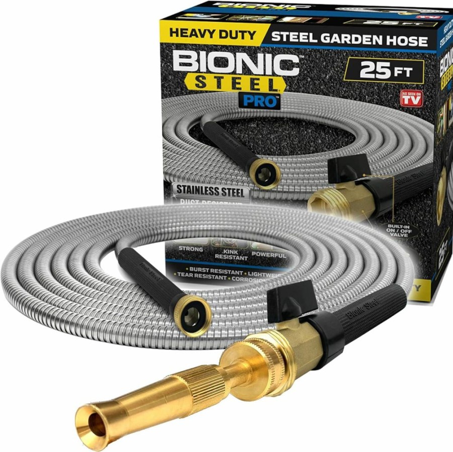 BIONIC STEEL | Bionic Steel Pro Garden Hose - 304 Stainless Steel Metal 25 Foot Garden Hose Heavy Duty Lightweight, Kink-Free, And Stronger Than Ever With Brass Fittings And On/Off Valve 2023 Model