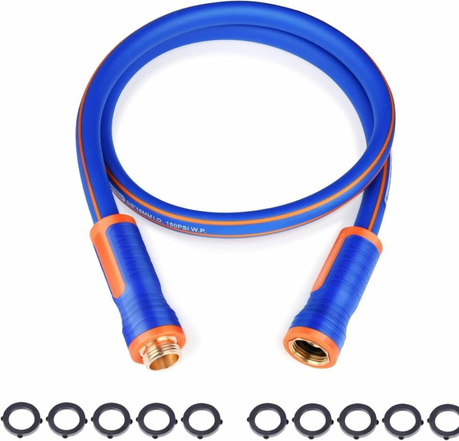 Abimars | Abimars Garden Hose With Hand Holds, 75 Ft X 5/8 In Flexible Hybrid Rubber Water Hose With Solid Brass Connectors, Lightweight, Blue 500Psi Burst Pressure