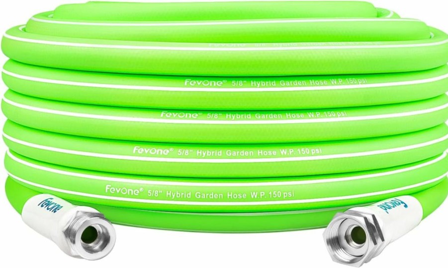 FEVONE | Fevone Garden Hose 100 Ft X 5/8\", Drinking Water Safe, Heavy Duty Water Hose, Flexible And Lightweight, Hybrid Hose Kink Free, Easy To Coil, Solid Aluminum Fittings - No Leak