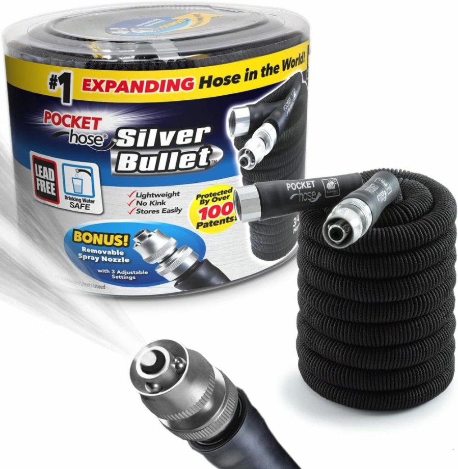 BulbHead | Pocket Hose Silver Bullet 50 Ft Turbo Shot Nozzle Multiple Spray Patterns Expandable Garden Hose 3/4 In Solid Aluminum Fittings Lead-Free Lightweight And No-Kink,Black