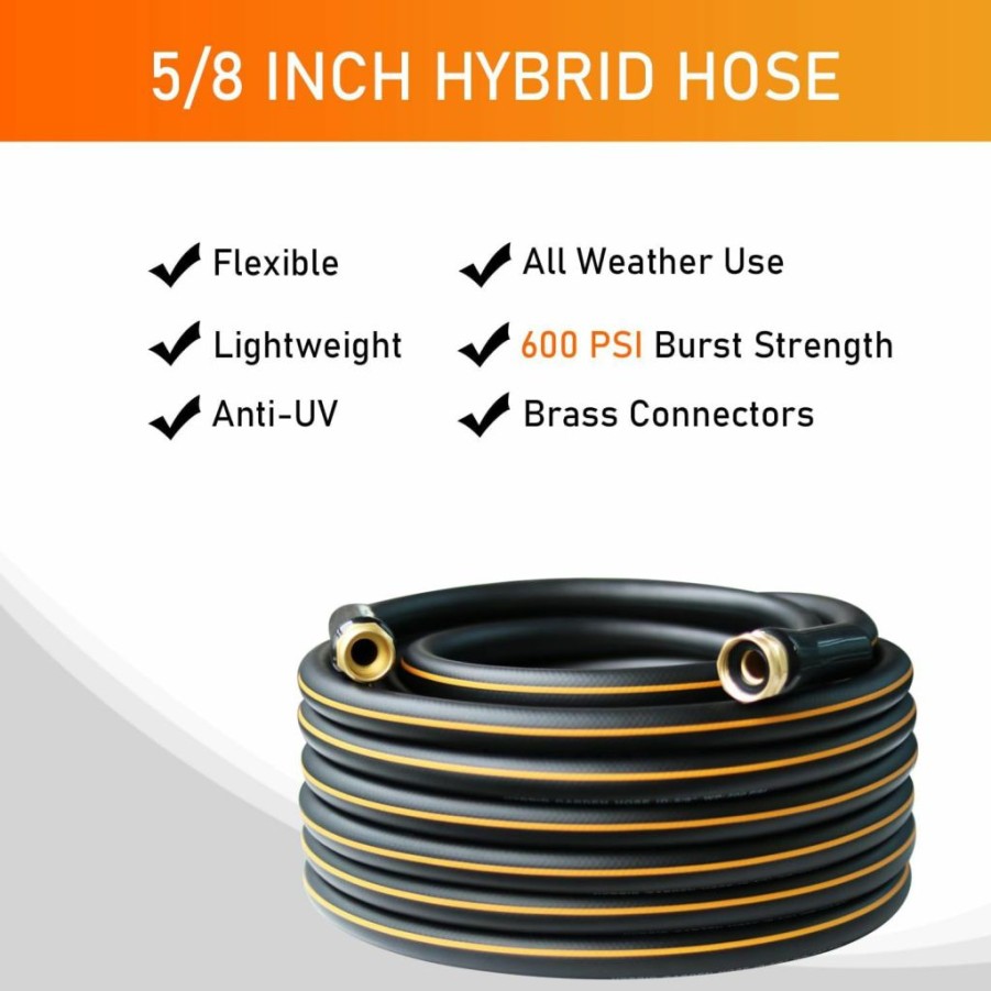 DayisTools | Dayistools Hybrid Garden Hose 10 Ft, Strong Flexible Water Hose 5/8 In X 10Ft, Lightweight, Super Durable, All-Weather, Work Pressure 200 Psi, 3/4 In Ght Solid Brass Fittings, Black Orange