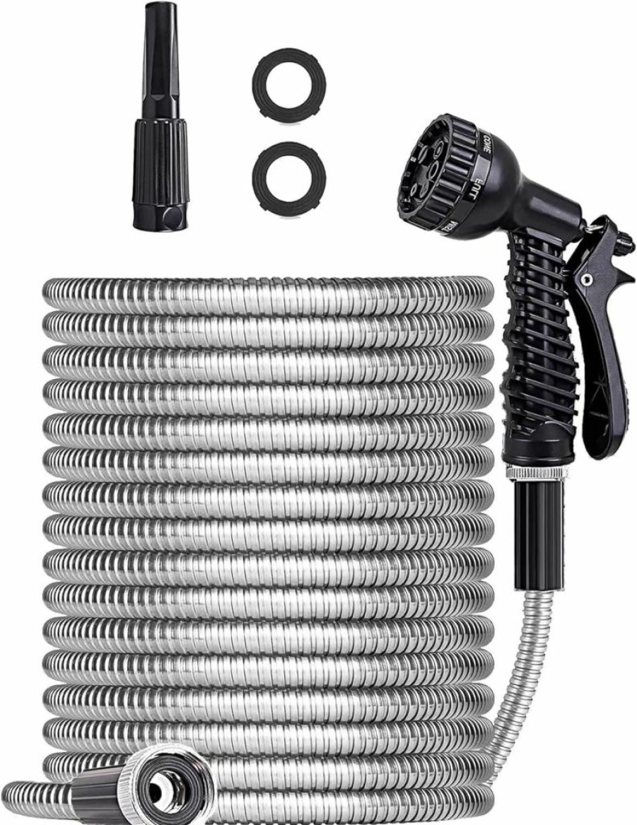 SIXWOOD | Sixwood Metal Garden Hose 100Ft, Stainless Water Hose With Adjustable Nozzle And 7 Pattern Sprayer, Heavy Duty Hoses For Yard, Outdoor - Flexible, Never Kink & Tangle, Puncture Resistant