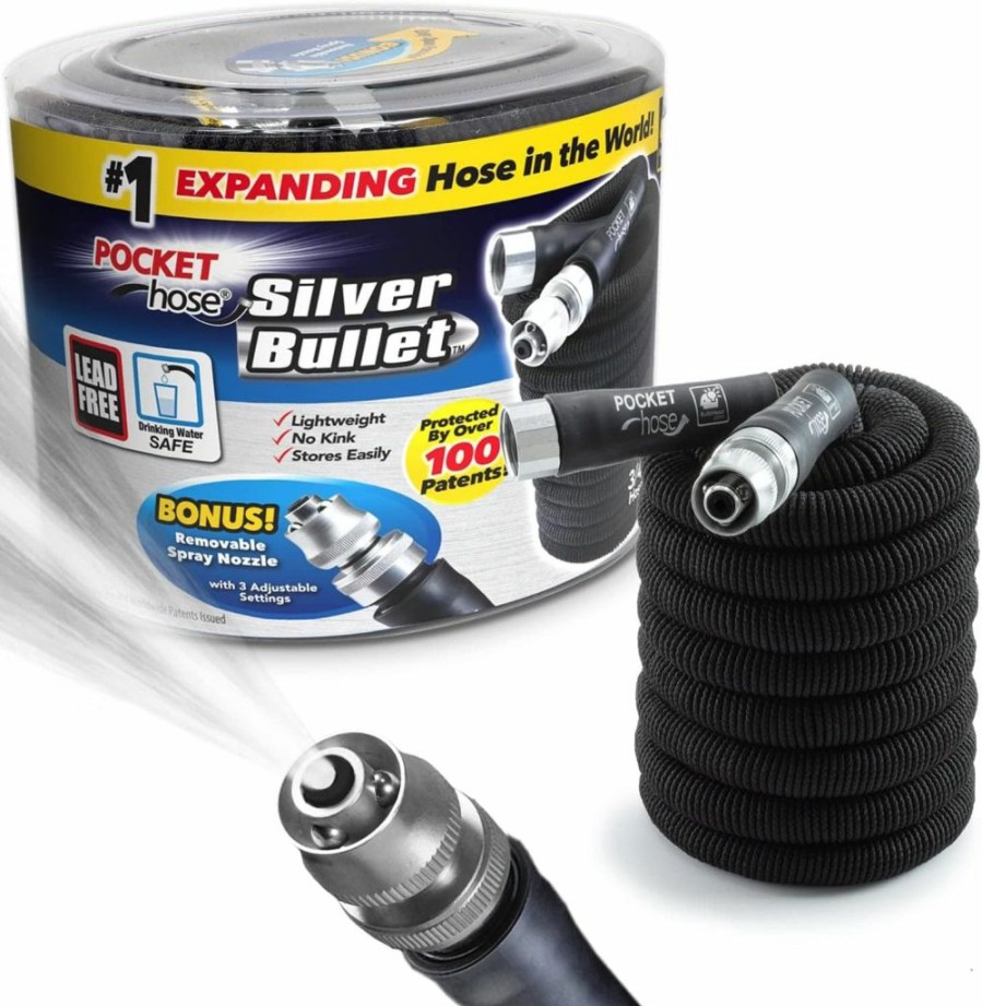 Pocket Hose | Pocket Hose Silver Bullet 25 Ft Turbo Shot Nozzle Multiple Spray Patterns Expandable Garden Hose 3/4 In Solid Aluminum Fittings Lightweight And No-Kink