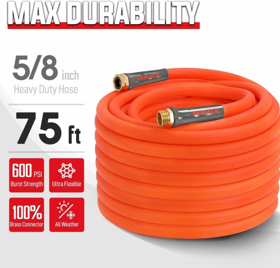 YAMATIC | Yamatic Heavy Duty Garden Hose With Nozzle, 5/8 In X 50 Ft, Super Flexible Water Hose Set, All-Weather, Lightweight, Burst 600 Psi