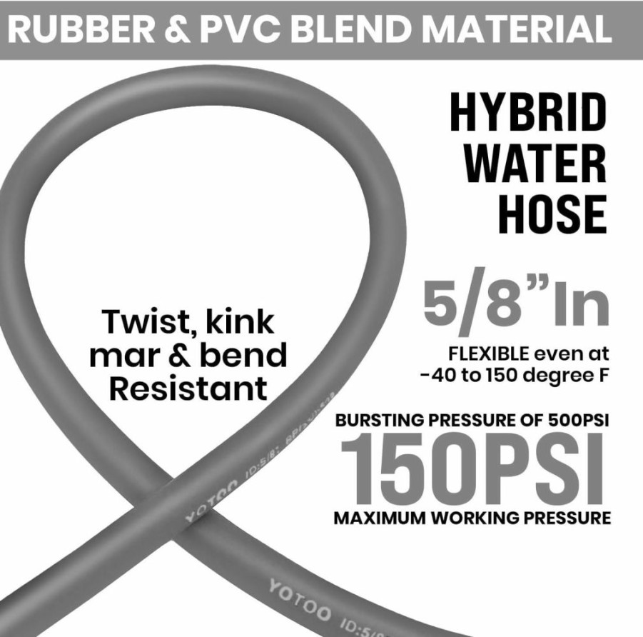 YOTOO | Yotoo Heavy Duty Hybrid Garden Water Hose 5/8-Inch By 50-Feet 150 Psi Kink Resistant, Flexible With Swivel Grip Handle And 3/4\" Ght Solid Brass Fittings, Gray