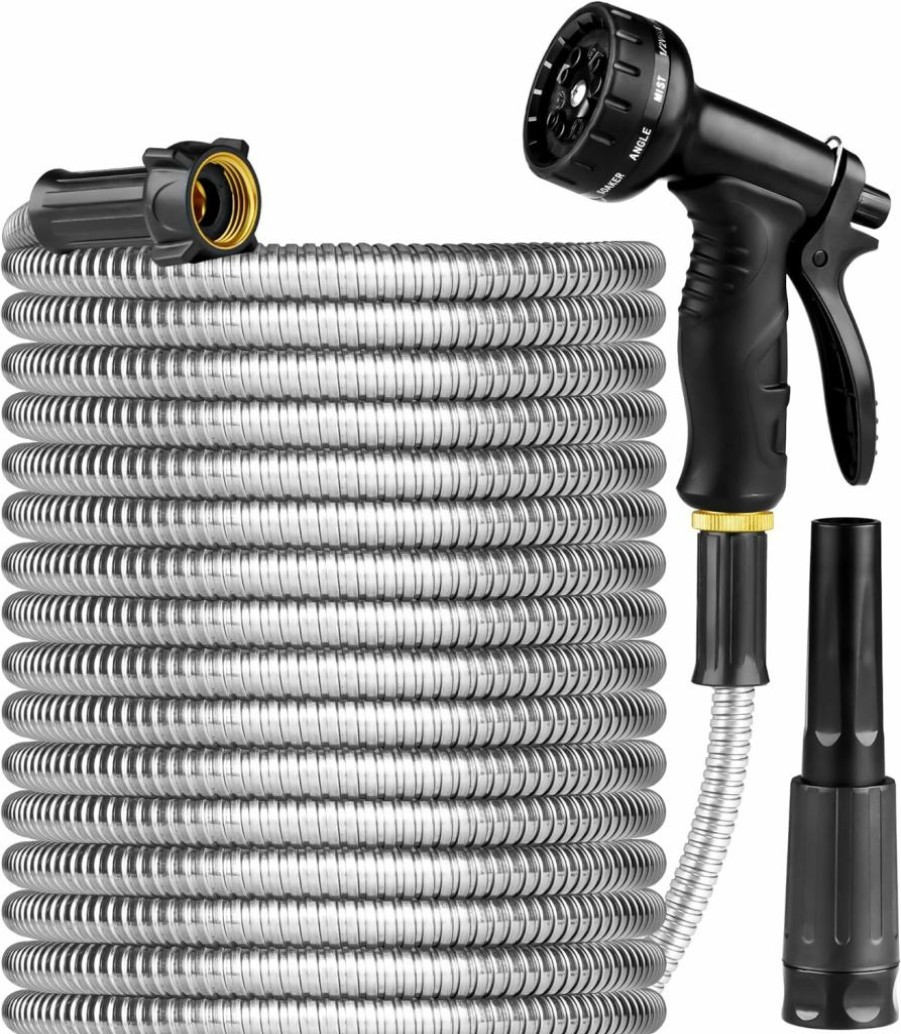 Ainpota | Ainpota 2024 Metal Garden Hose 100Ft Heavy Duty Stainless Steel Water Hose With Sprayer & Metal Fittings Flexible Lightweight Hose Puncture Proof Hose For Yard, Outdoors, Rv