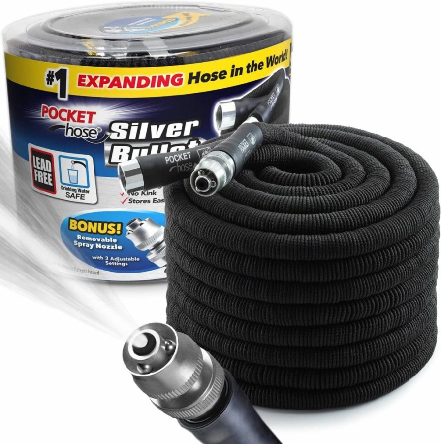 BulbHead | Pocket Hose Silver Bullet 100 Ft Turbo Shot Nozzle Multiple Spray Patterns Expandable Garden Hose 3/4 In Solid Aluminum Fittings Lead-Free Lightweight And No-Kink, Black