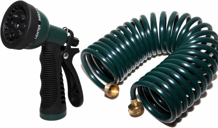 FUNJEE | Funjee Lightweight Eva Coil Hose Recoil Garden Water Hose With 8-Pattern Spray Nozzle, 3/4\" Ght Brass Fittings, Corrosion Resistant, Retractable Garden Hose, Boat Hose (25Ft, Green)