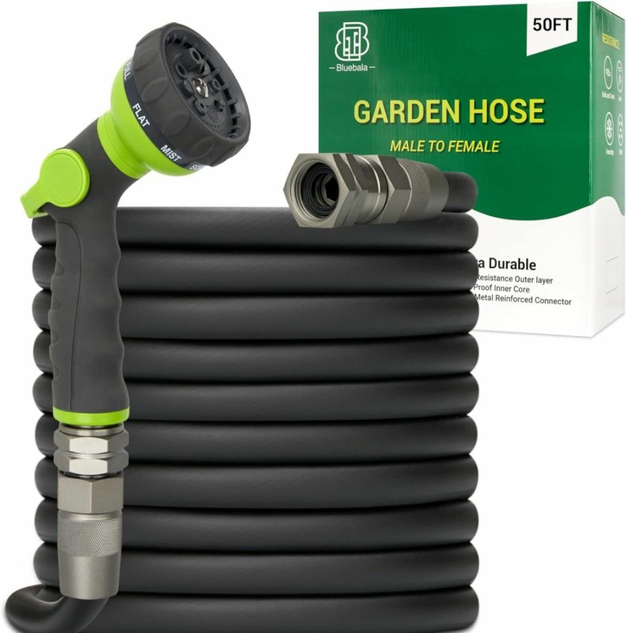 BlueBala | Bluebala Flexible Garden Hose 50Ft - Heavy Duty Hybrid Water Hose With 8-Pattern Nozzle, Stain Proof, Leak Preventing, Swivel Fittings For No Kink, Connector Reinforced, Durable For Gardening