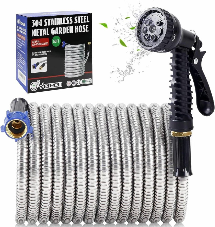 Yereen | Yereen Metal Garden Hose 25Ft, 304 Stainless Steel Garden Hose With 3/4\" Connector Fittings, Kink Free Flexible Lightweight Outdoor Water Hose