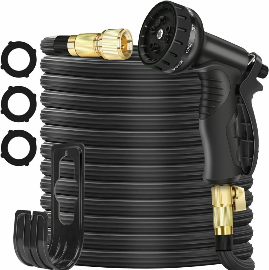 Quisky | Expandable Garden Hose 50Ft With 10-Function Nozzle, Nano Rubber Latex High Elastic Leak-Proof Multi-Layer Hose Pipe With Holder, 3/4\" Solid Brass Connectors Fittings, No-Kink Lightweight Flexible