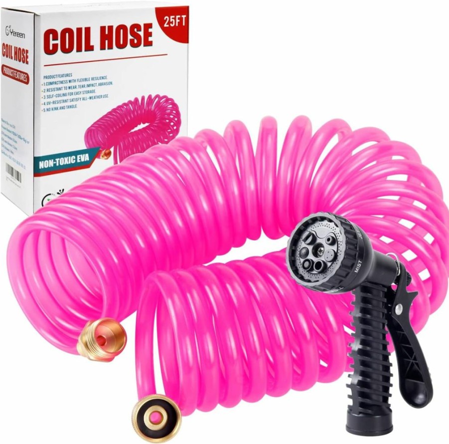 Yereen | Yereen Coil Garden Hose 25Ft, Eva Recoil Garden Hose, Transparent Self-Coiling Water Hose With 3/4\" Connector Fittings With 7 Function Spray Nozzle, Pink