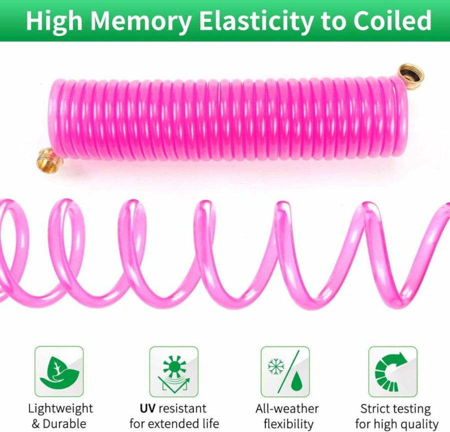 Yereen | Yereen Coil Garden Hose 25Ft, Eva Recoil Garden Hose, Transparent Self-Coiling Water Hose With 3/4\" Connector Fittings With 7 Function Spray Nozzle, Pink