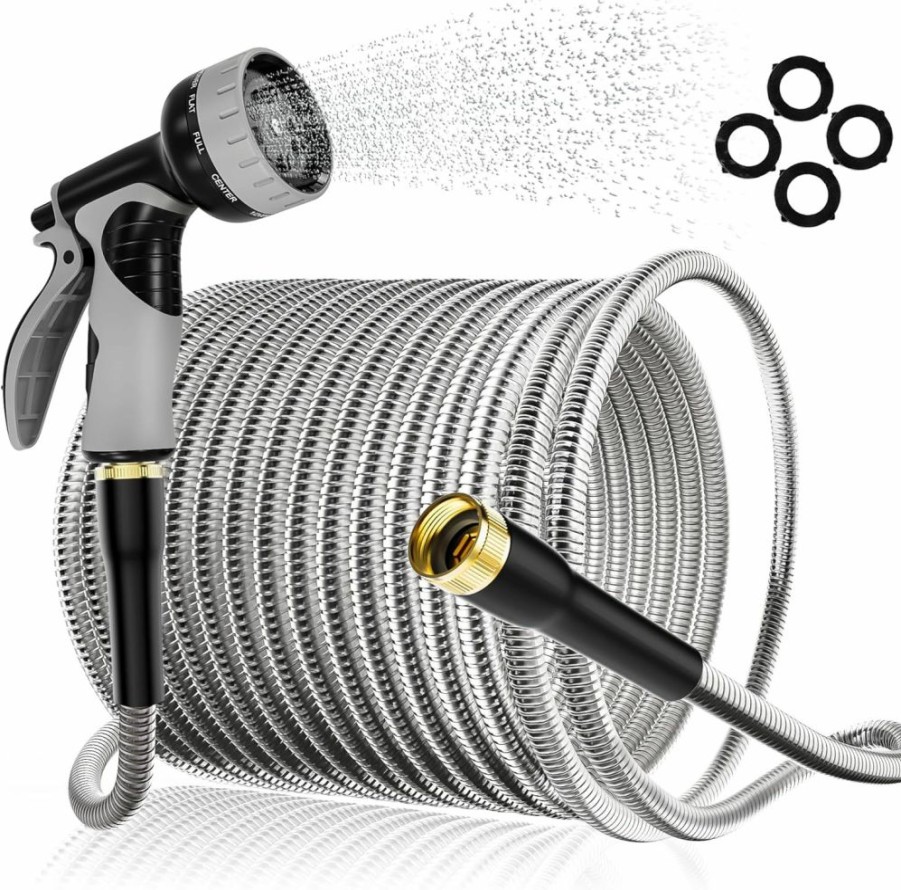 Ganewry | Metal Garden Hose 25Ft,3/4\" Universal Fittings, 10-Function Nozzle, Durable And Leak Proof Water Hose 25Ft, No Kinks Garden Hose For Yard Outdoor.