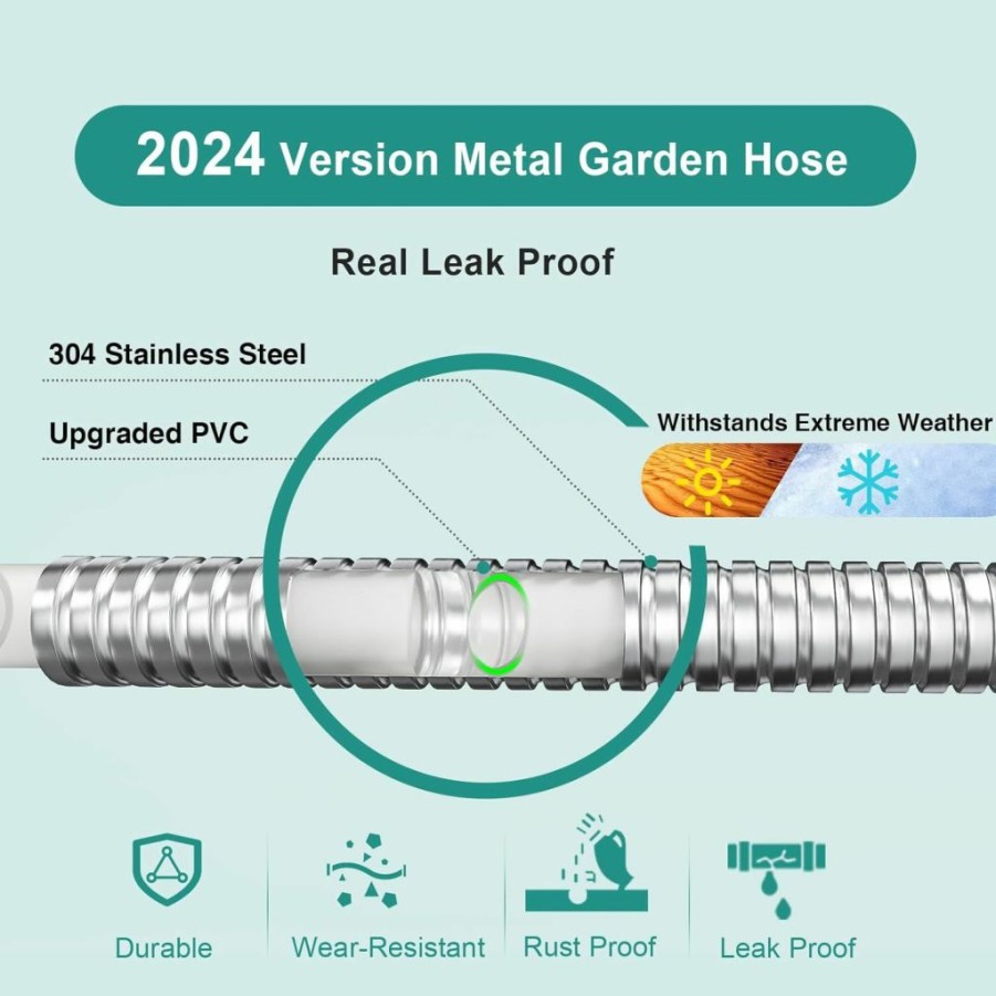 Ganewry | Metal Garden Hose 25Ft,3/4\" Universal Fittings, 10-Function Nozzle, Durable And Leak Proof Water Hose 25Ft, No Kinks Garden Hose For Yard Outdoor.