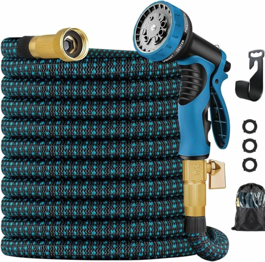 BsNewe | Premium 75Ft Expandable Garden Hose Set - Durable 3750D Fabric, 4-Layer Latex Core, Strong Brass Connectors - 10 Spray Nozzles & Convenient Storage Bag Included