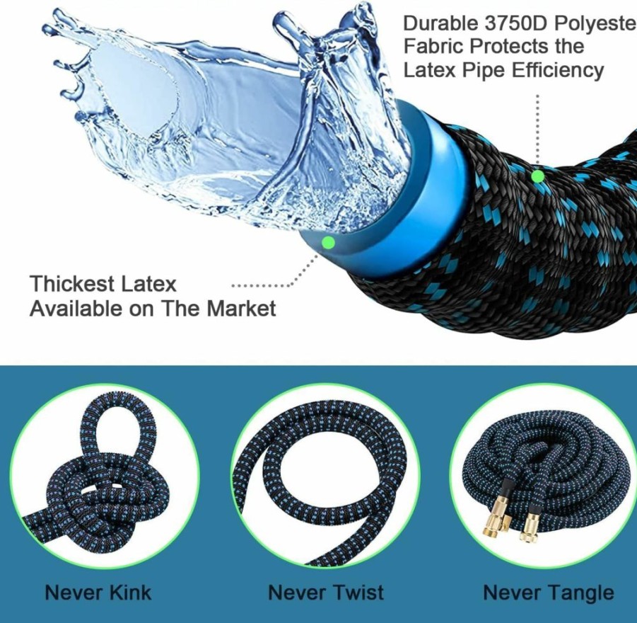 BsNewe | Premium 75Ft Expandable Garden Hose Set - Durable 3750D Fabric, 4-Layer Latex Core, Strong Brass Connectors - 10 Spray Nozzles & Convenient Storage Bag Included