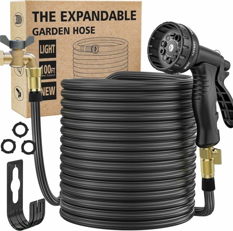 Myston | 50Ft Expandable Garden Hose With 10-Function Spray Nozzle, Nano Rubber Latex High Elastic Multilayer Leakproof Hose Pipe, 3/4 Anti Leak Connector, No-Kink Lightweight Flexible Water Hose(50Ft, Black)