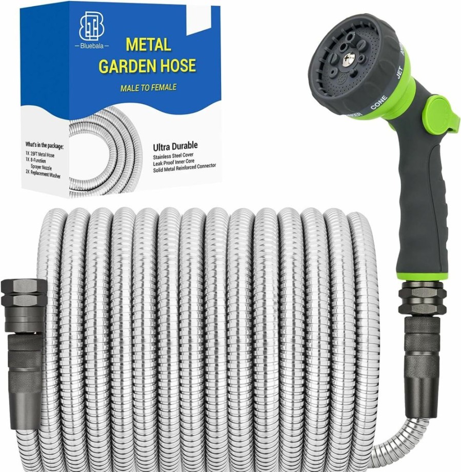 BlueBala | Bluebala Metal Garden Hose - 75Ft Heavy Duty Stainless Steel Water Hose With 8-Mode Spray Nozzle, 3/4\" Fittings, Leak Proof, Puncture Resistant, No Kink, Lightweight Outdoor Hose For Yard, Farm, Car