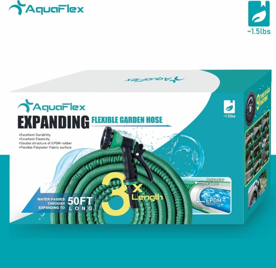 AquaFlex | Aquaflex (Us Patent) 50Ft Super Light Weight Expandable Garden Hose, Water Hose With 9 Function Nozzle, Lightweight & No-Kink Flexible Garden Hose, Yard Hose For Watering, Green