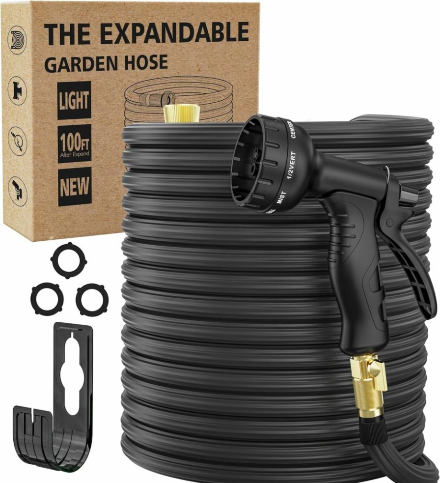 Tukeson | Garden Hose 75Ft,Expandable Flexible Garden Hose Leak-Proof With 40 Layers Of Innovative Nano Rubber,2024 Version/New Patented, Lightweight, Durable, 3/4\" Solid Brass Fittings (75Ft, Black)