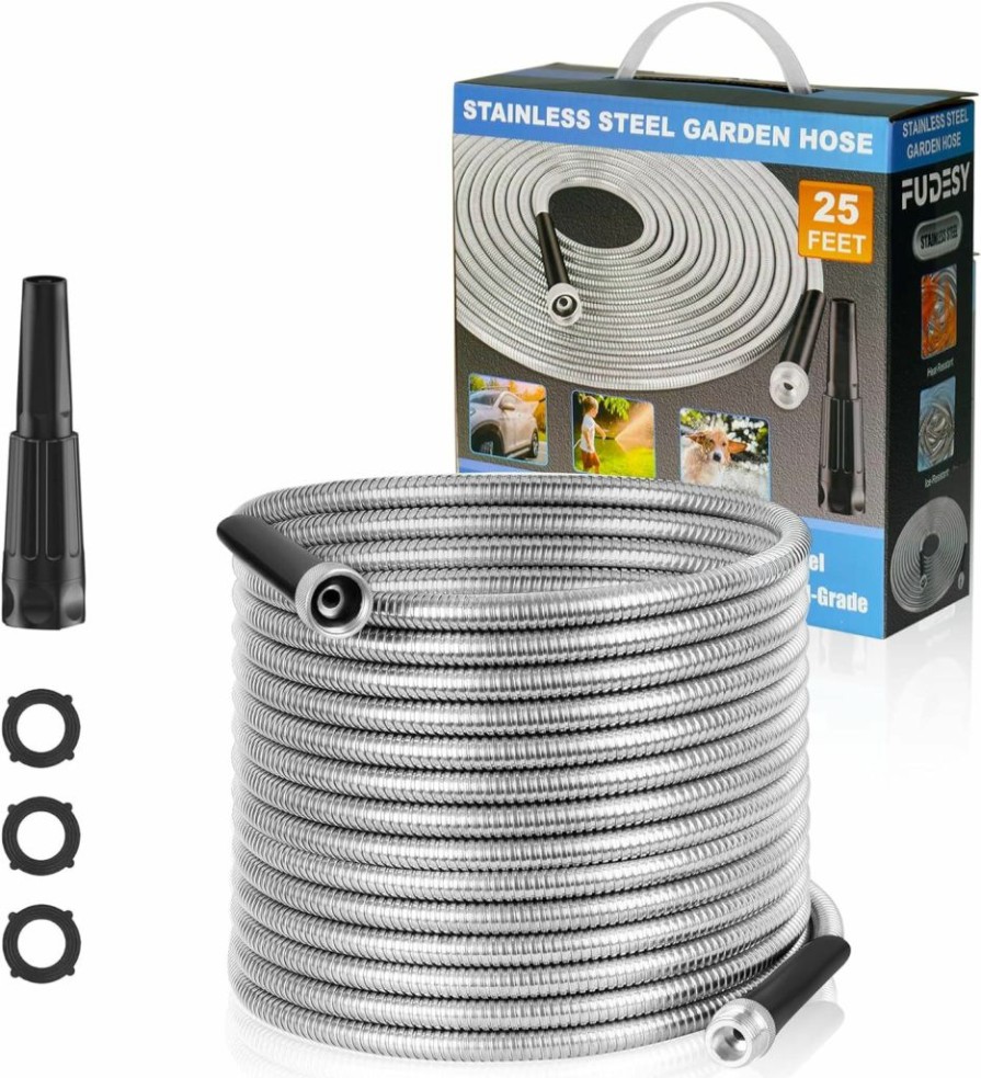 FUDESY | Fudesy Garden Hose - 100Ft 304 Stainless Steel Heavy Duty Durable Water Hose, Adjustable Nozzle With Six Spray Modes For Outdoor Yard, No Kink And Tangle, Lightweight, Fiexible, Easy To Store