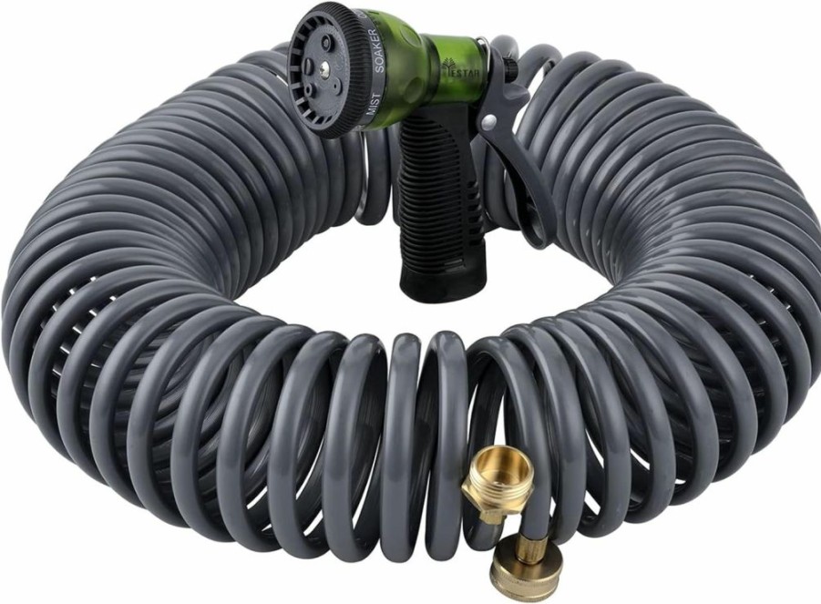 YESTAR | Yestar 50Ft Garden Coil Hose 3/4" Solid Brass Connector Flexible Water Hose With High Pressure 7-Pattern Spray Nozzle Lightweight Durable Easy To Storage Kink Free