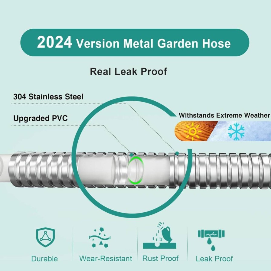 Ganewry | Metal Garden Hose 25Ft, 2024 Version Metal Hose With Upgraded Design,10-Function Nozzle, 3/4\" Universal Fittings, Durable And Leak Proof Water Hose 25Ft, No Kinks Garden Hose For Yard Outdoor.