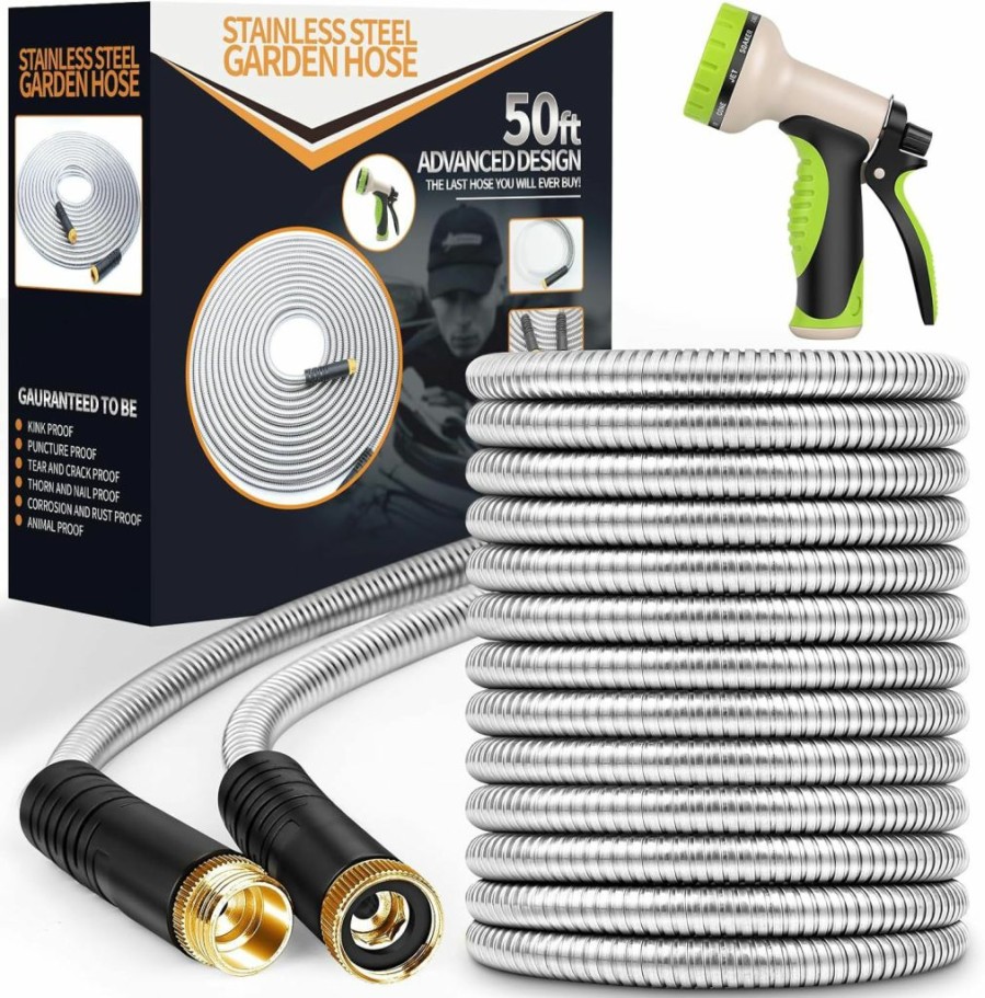 Unywarse | Unywarse Metal Garden Hose 50Ft, Heavy Duty Stainless Steel With 10 Function Nozzle Flexible, Lightweight, Kink Free & Tangle Free, Pet Proof, Puncture Proof For Yard, Outdoor