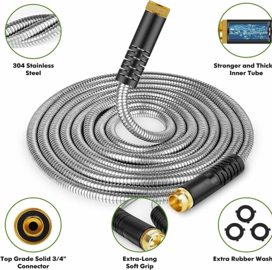 Unywarse | Unywarse Metal Garden Hose 50Ft, Heavy Duty Stainless Steel With 10 Function Nozzle Flexible, Lightweight, Kink Free & Tangle Free, Pet Proof, Puncture Proof For Yard, Outdoor