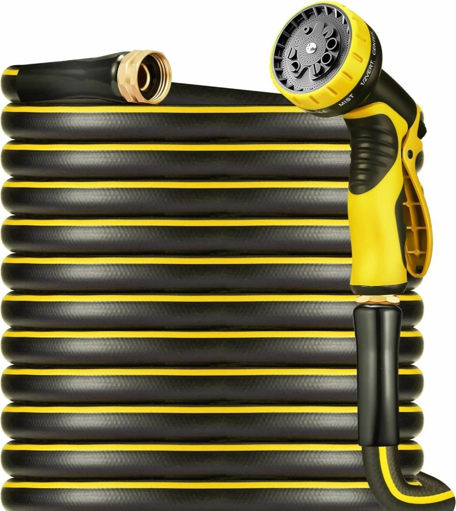 Adimos | Hybrid Garden Hose 50 Ft X 5/8\", Heavy Duty Flexible Lightweight Water Hose 50Ft With 10 Function Sprayer Nozzle, 3/4'' Solid Brass Fittings, Ultra Durable, All-Weather