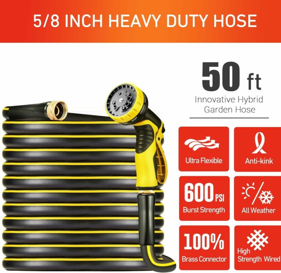 Adimos | Hybrid Garden Hose 50 Ft X 5/8\", Heavy Duty Flexible Lightweight Water Hose 50Ft With 10 Function Sprayer Nozzle, 3/4'' Solid Brass Fittings, Ultra Durable, All-Weather