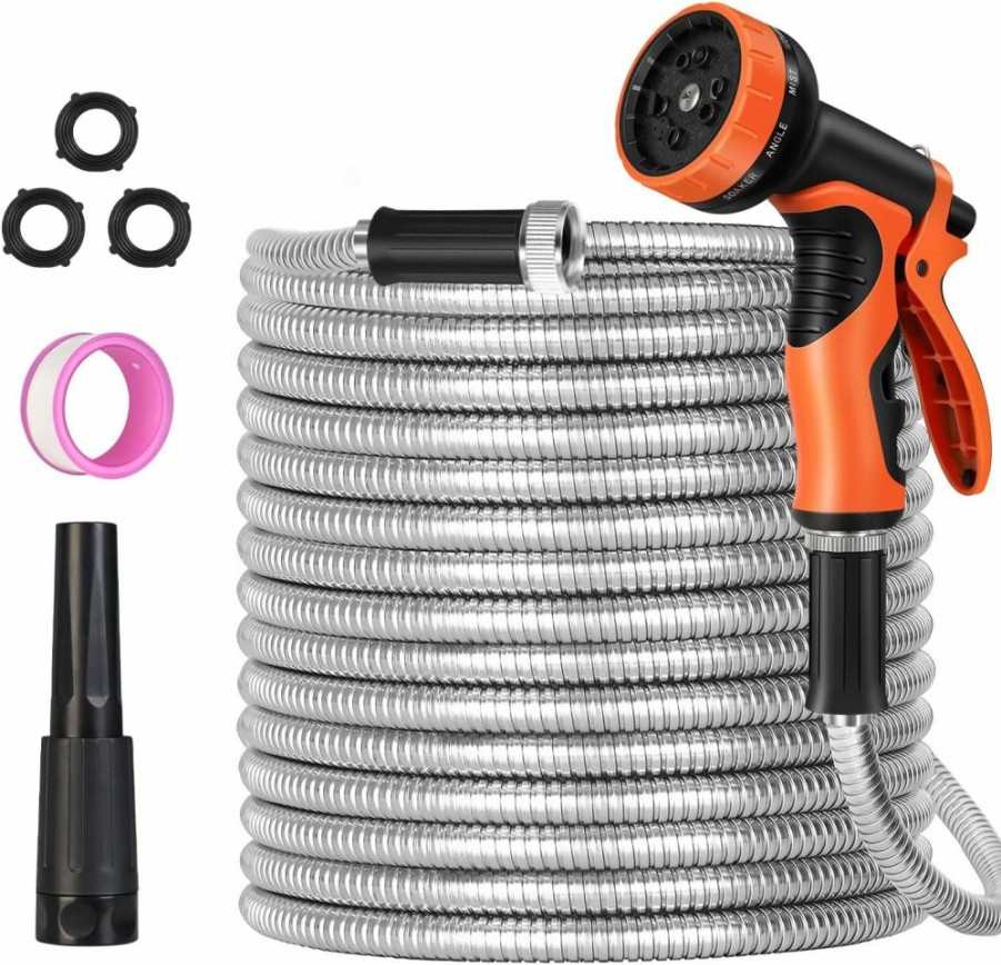 Alupssuc | Alupssuc Metal Garden Hose 50Ft, Stainless Steel Heavy Duty Water Hose With 2 Nozzles, No Kinks And Tangles, Tough & Flexible, Durable And Lightweight, Rust Proof Hose For Yard, Outdoor