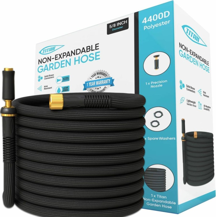 Titan | Titan Non-Expandable Garden Hose 75Ft X 5/8" - Lightweight, Kink-Free, Durable & Flexible Hybrid Water Hose With Heavy Duty Brass Connectors & High-Pressure Jet Nozzle