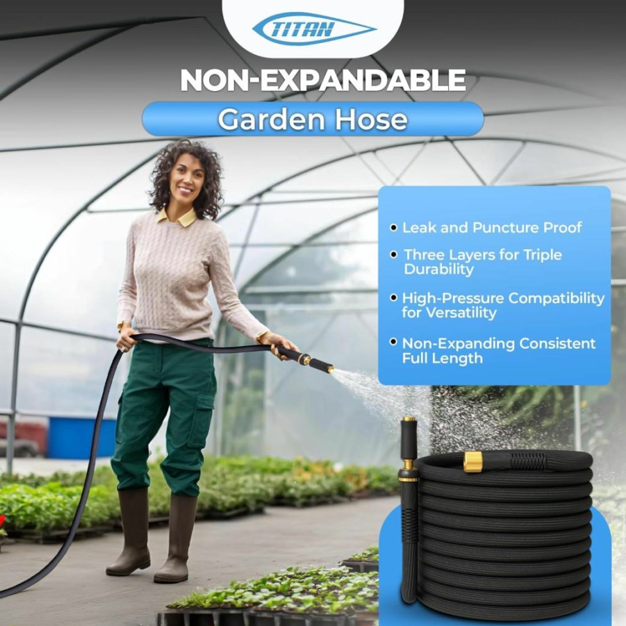 Titan | Titan Non-Expandable Garden Hose 75Ft X 5/8" - Lightweight, Kink-Free, Durable & Flexible Hybrid Water Hose With Heavy Duty Brass Connectors & High-Pressure Jet Nozzle