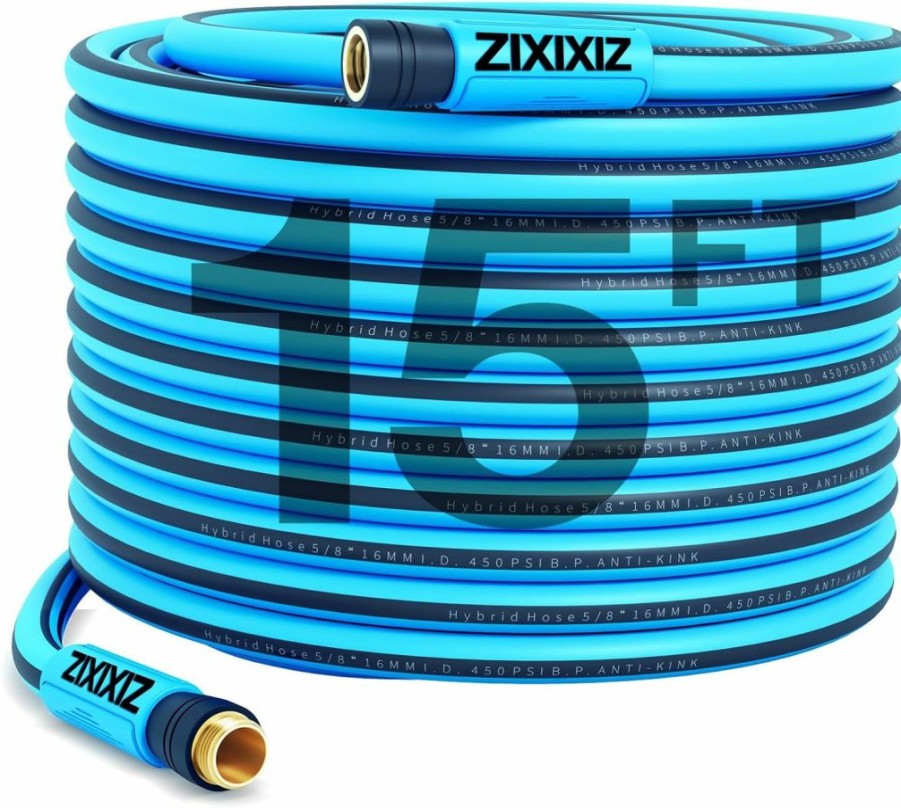 Zixixiz | Garden Hose 15 Ft,Solid Brass Connector 5/8 Inch Flexible Heavy Duty Hybrid Rubber Water Hose Kit With Hose Holder,All-Weather,Lightweight, Kink-Resistant